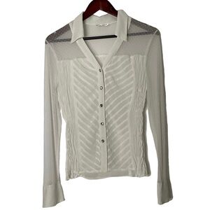Kaelyn-Max White Sheer Collared Button-Up Gem Buttons Side Ruching Blouse No Sz